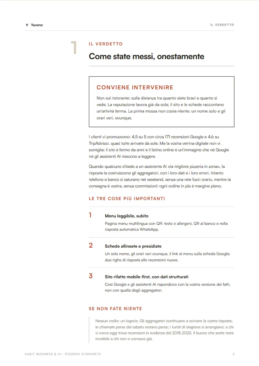 Pagina 2: «Come state messi, onestamente»: il verdetto in riquadro, la sintesi e le tre azioni.